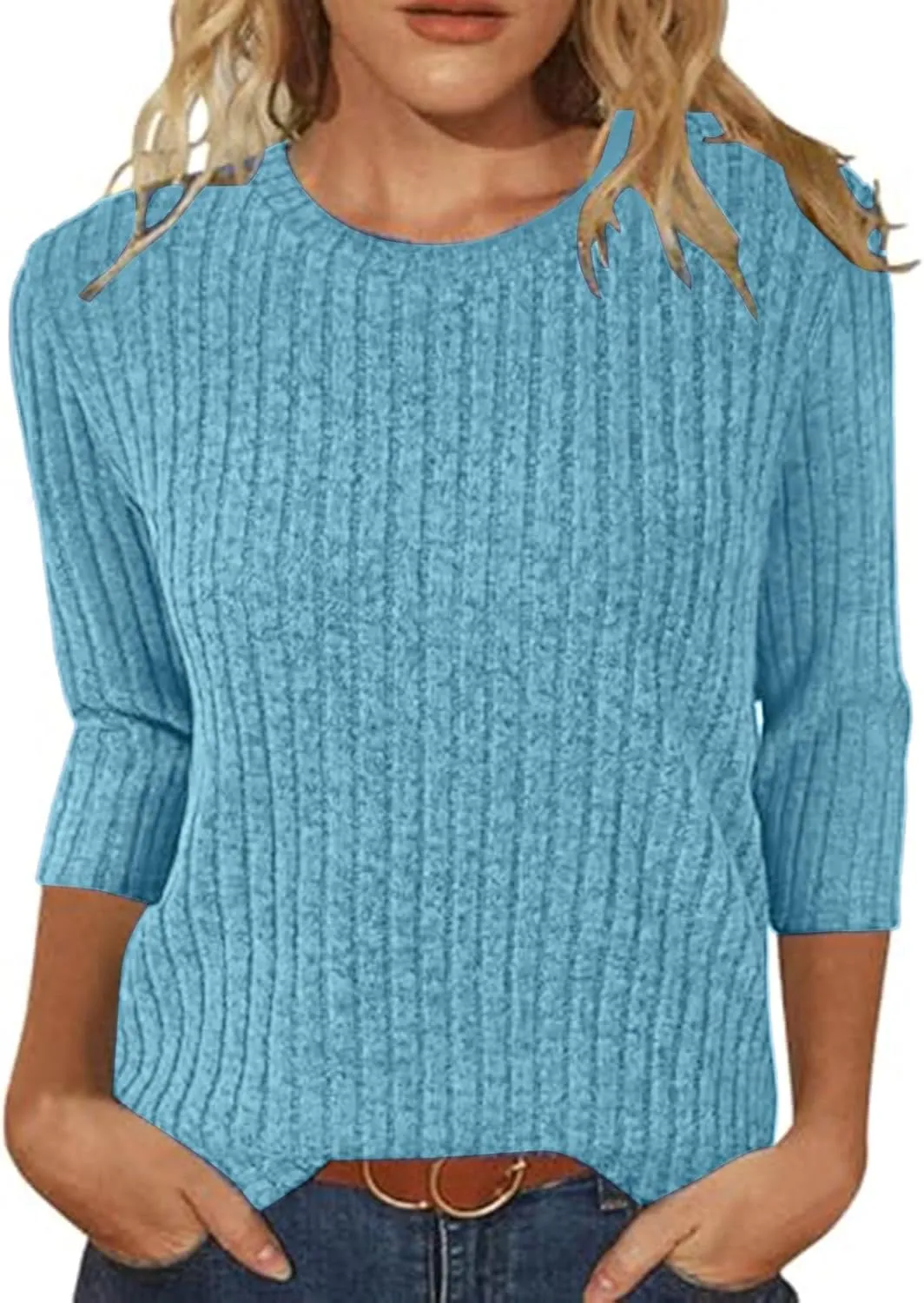 Winter 3/4 Length Sleeve T Shirts Loose Fit Ribbed Knit Cozy Sweaters Plus Size Sweatshirts