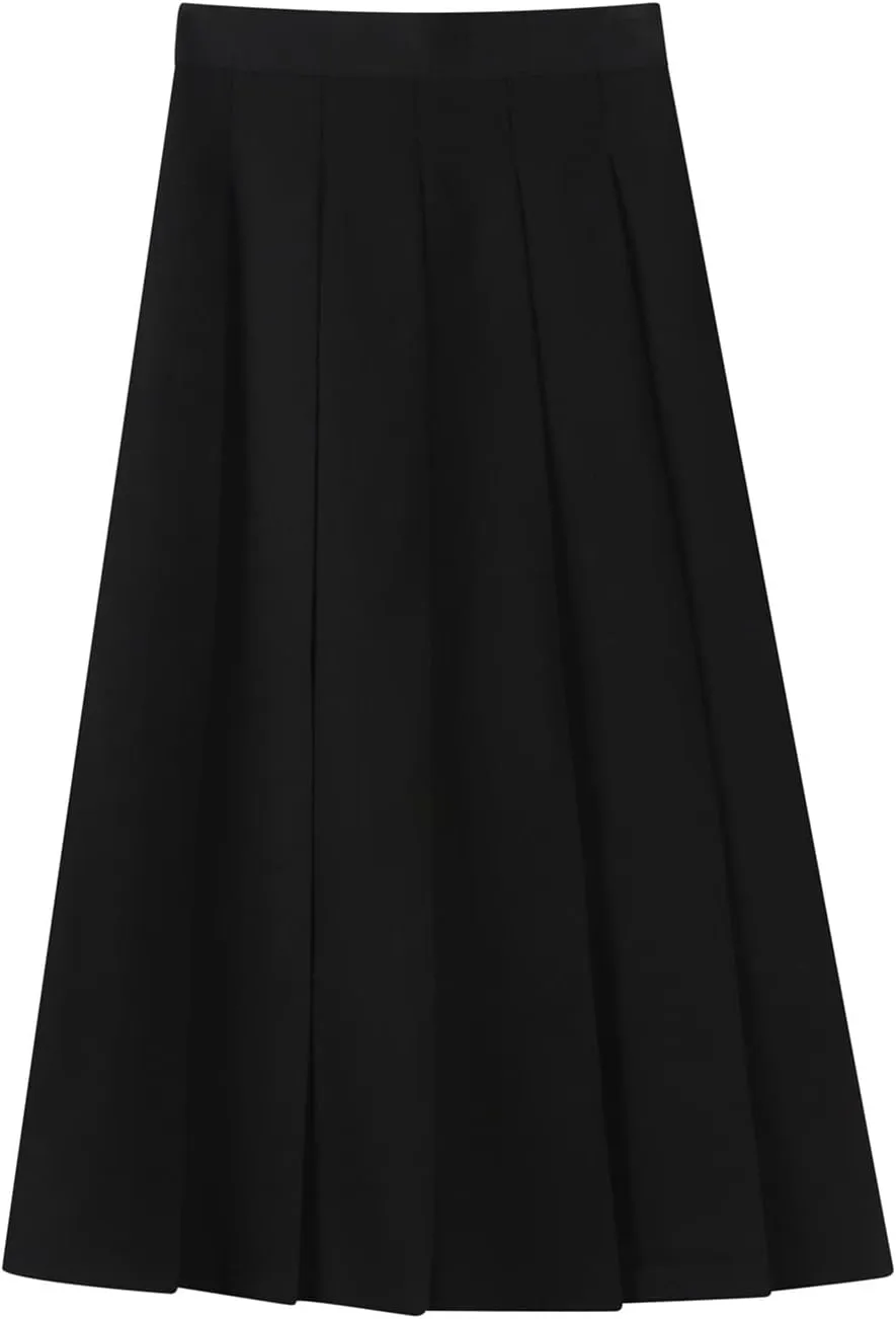 Women A-Line Pleated High Waist Maxi Skirt Solid Skirt Skater Tennis School Uniform A-line Midi Skirts