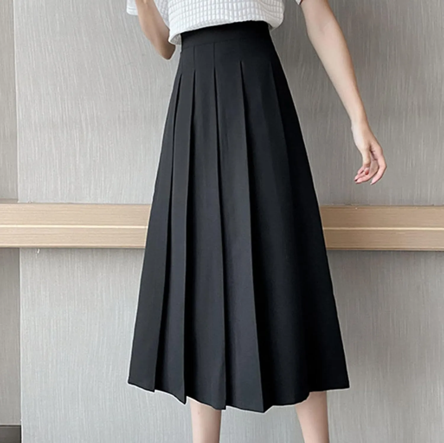 Women A-Line Pleated High Waist Maxi Skirt Solid Skirt Skater Tennis School Uniform A-line Midi Skirts