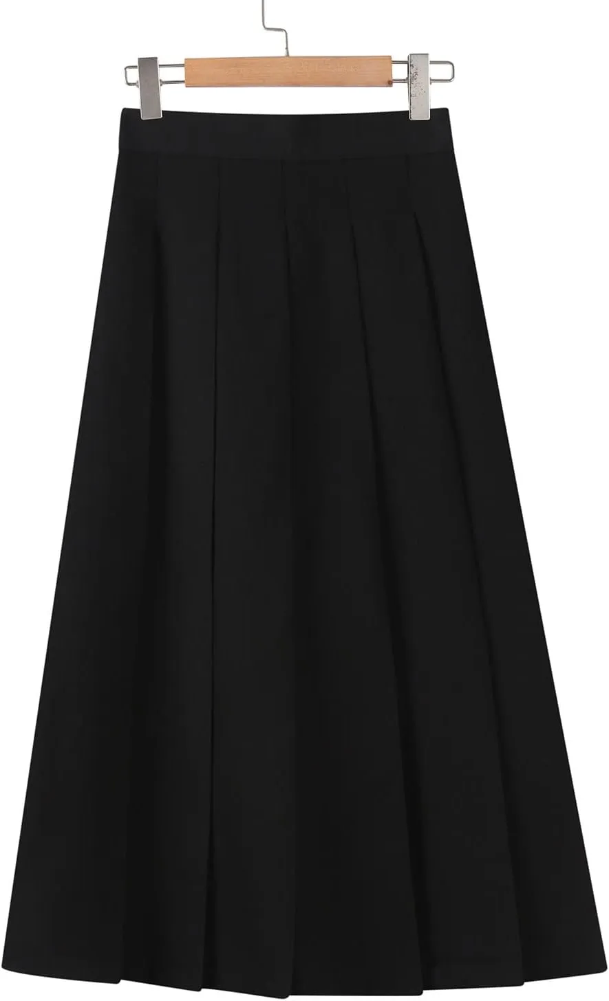 Women A-Line Pleated High Waist Maxi Skirt Solid Skirt Skater Tennis School Uniform A-line Midi Skirts