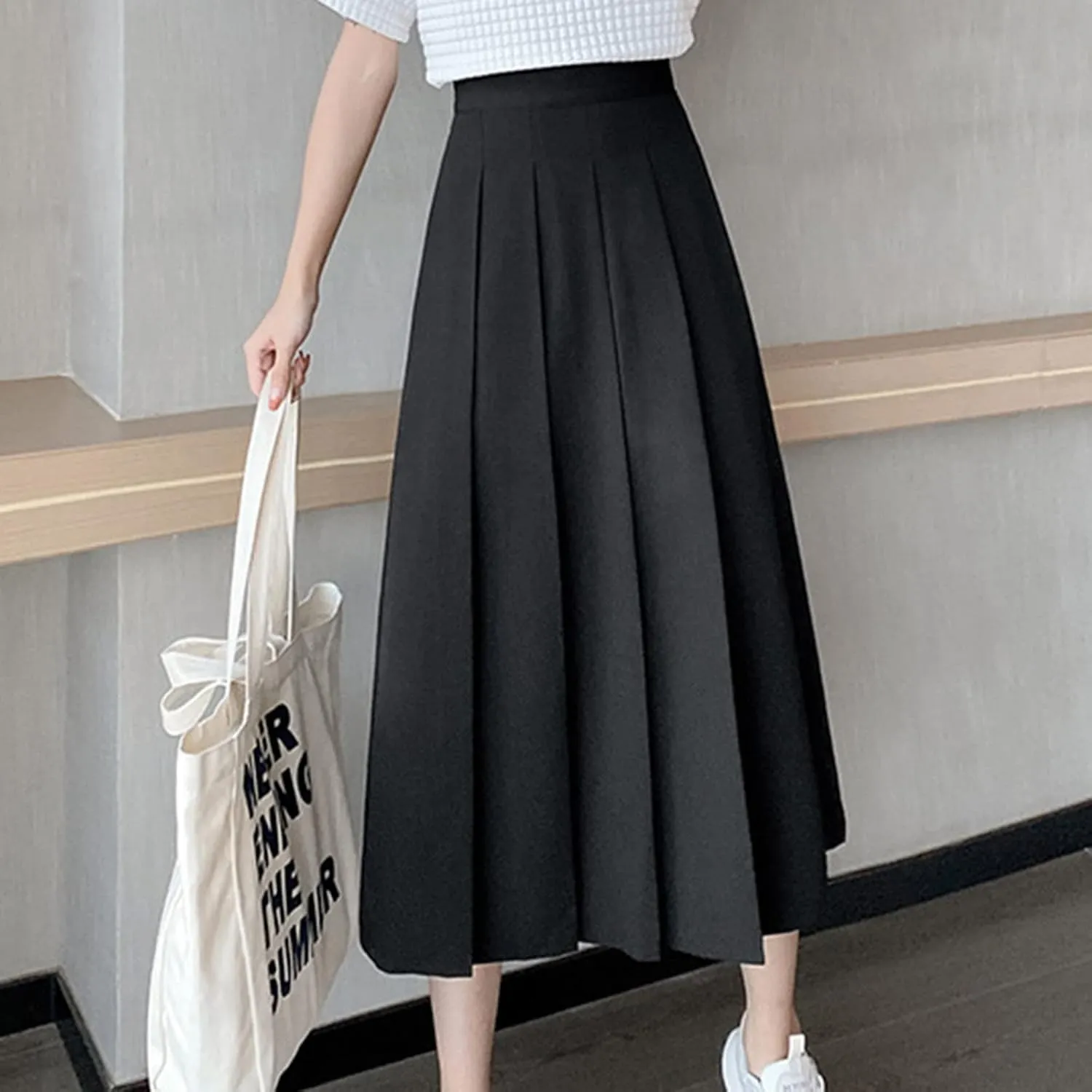 Women A-Line Pleated High Waist Maxi Skirt Solid Skirt Skater Tennis School Uniform A-line Midi Skirts