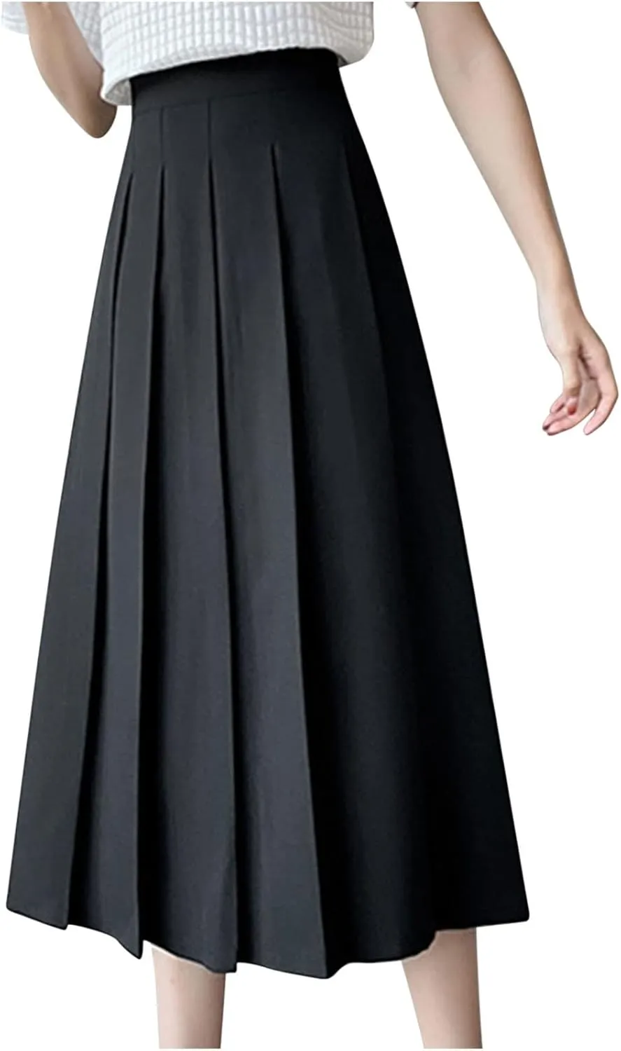 Women A-Line Pleated High Waist Maxi Skirt Solid Skirt Skater Tennis School Uniform A-line Midi Skirts