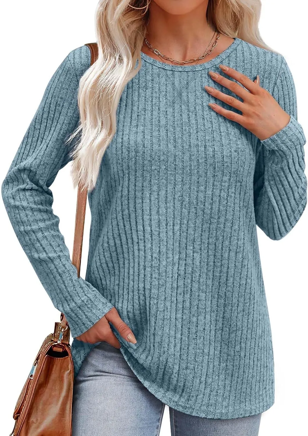 Women Casual Knit Sweaters Long Sleeve Shirts for Women Tunic Tops Dressy Pullovers Fashion Basic Lightweight Blouses
