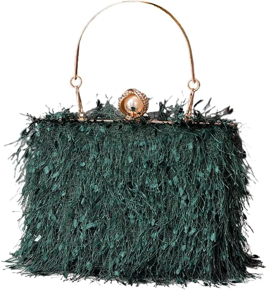 Women Great Tassels Clutch Purse Flurry Cocktail Evening Bag Crossbody Bag for Wedding Gown Formal Dressy Daily Skirt