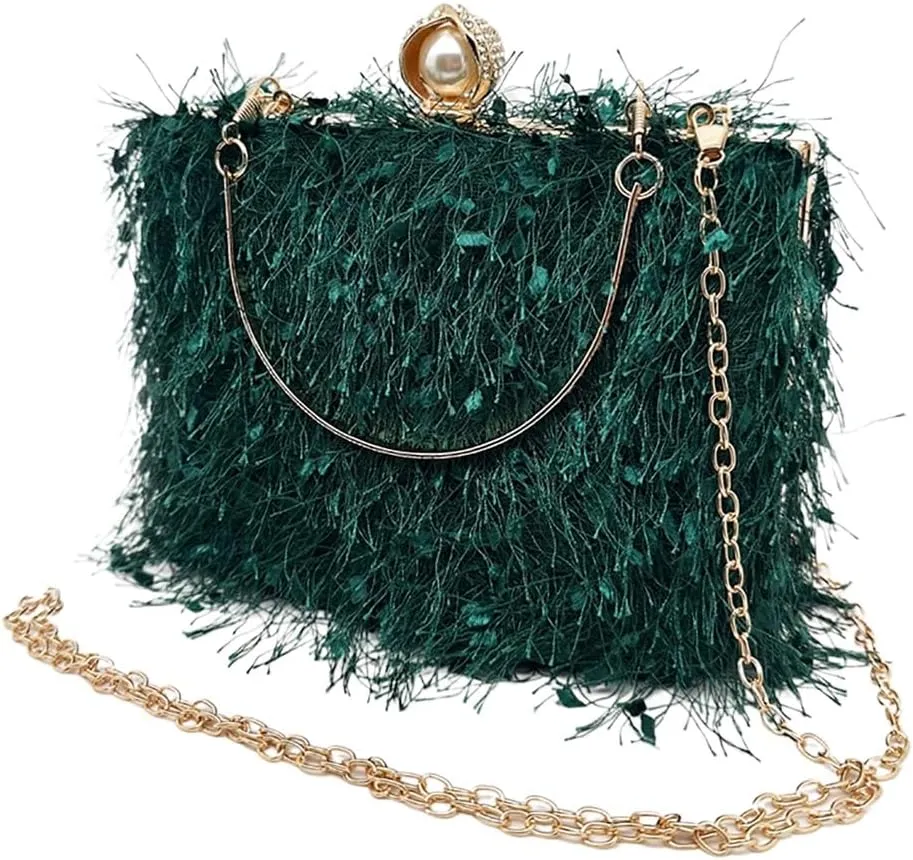 Women Great Tassels Clutch Purse Flurry Cocktail Evening Bag Crossbody Bag for Wedding Gown Formal Dressy Daily Skirt
