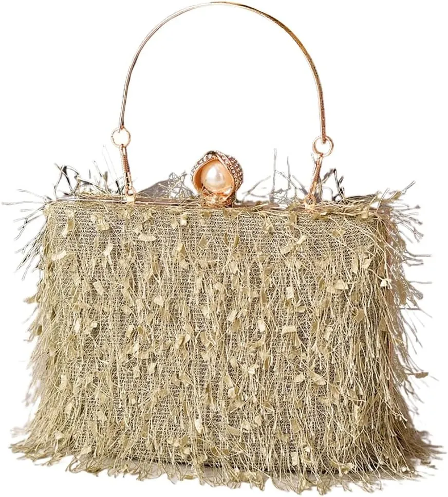 Women Great Tassels Clutch Purse Flurry Cocktail Evening Bag Crossbody Bag for Wedding Gown Formal Dressy Daily Skirt