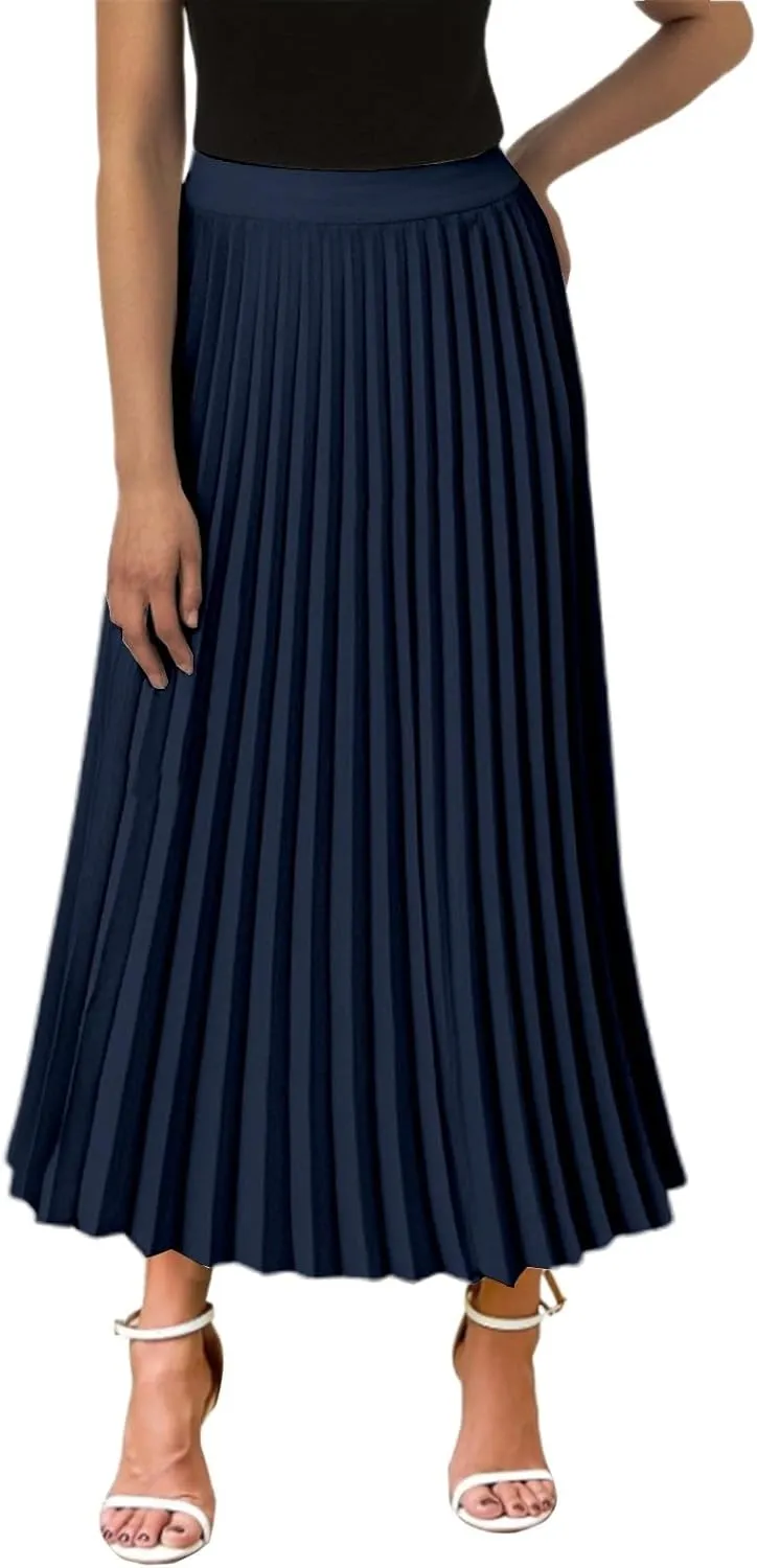 Women High Elastic Waist Pleated Chiffon Skirt Midi Swing A-line Skirts Shirring Tea Length A-Line Ruffle Beach Dress