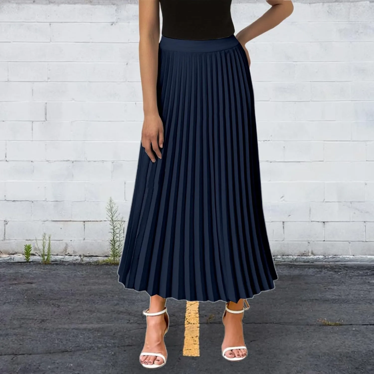 Women High Elastic Waist Pleated Chiffon Skirt Midi Swing A-line Skirts Shirring Tea Length A-Line Ruffle Beach Dress