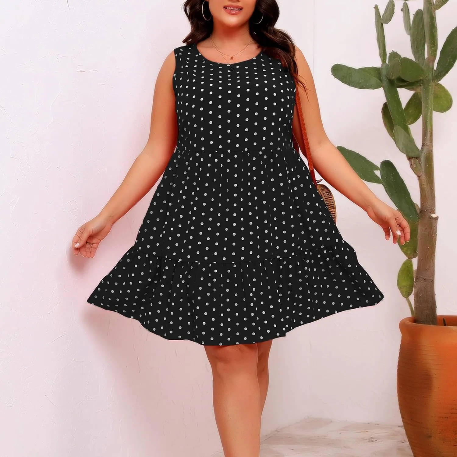 Women Plus Size Summer Casual Dresses Sleeveless Round Neck Swiss Dot Flowy High Waisted A Line Ruffle Midi Dress