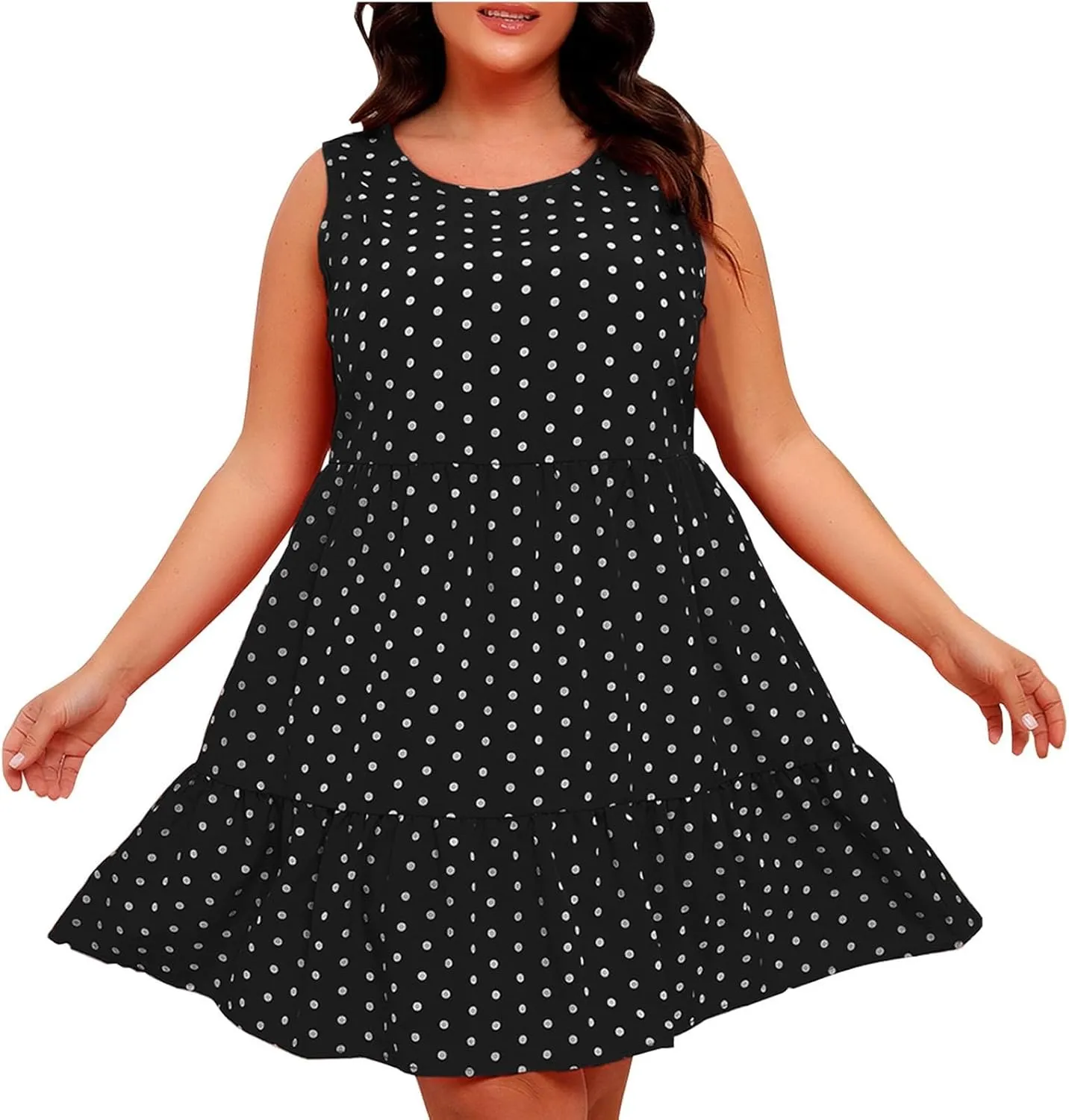 Women Plus Size Summer Casual Dresses Sleeveless Round Neck Swiss Dot Flowy High Waisted A Line Ruffle Midi Dress