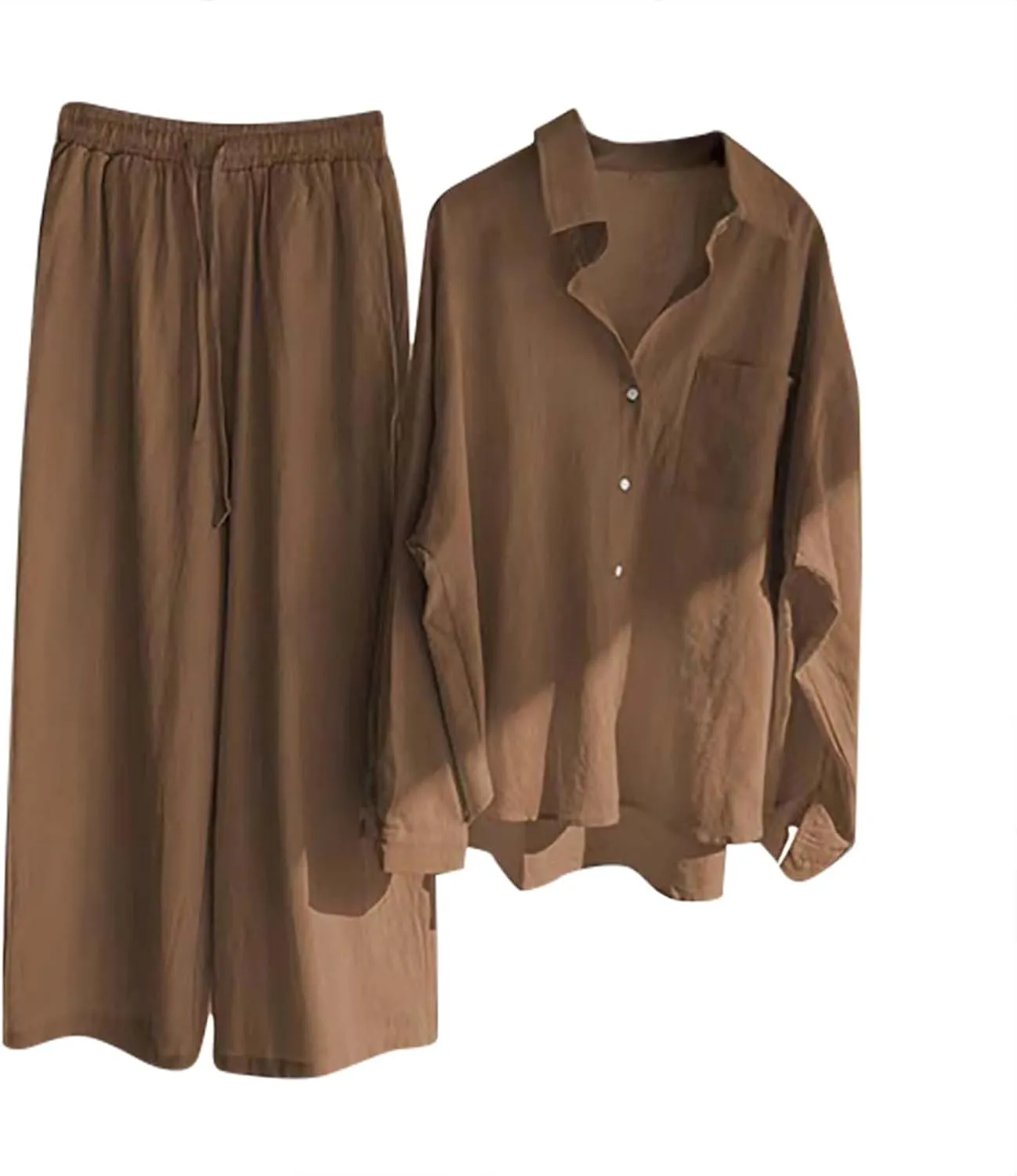 Women Spring Cotton Linen Long Sleeve Two Piece Sets Casual Button Down Shirts Loose Wide Leg Pant Loungewear Outfits