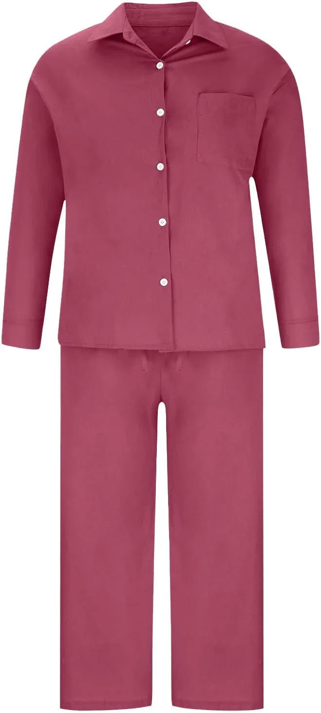 Women Spring Cotton Linen Long Sleeve Two Piece Sets Casual Button Down Shirts Loose Wide Leg Pant Loungewear Outfits