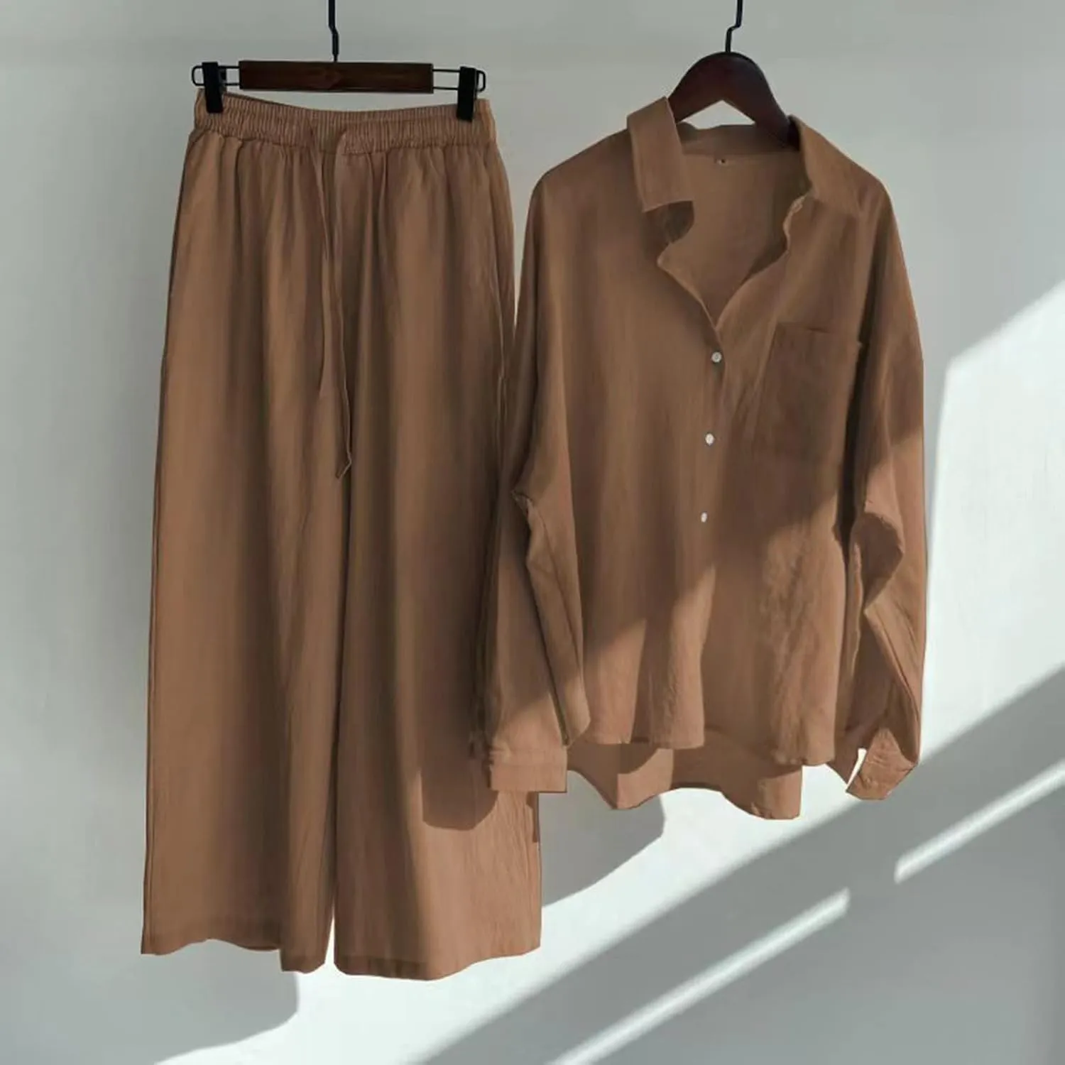 Women Spring Cotton Linen Long Sleeve Two Piece Sets Casual Button Down Shirts Loose Wide Leg Pant Loungewear Outfits