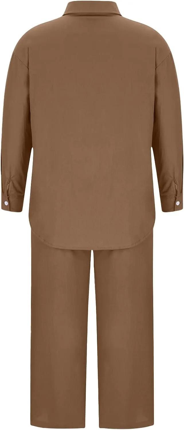 Women Spring Cotton Linen Long Sleeve Two Piece Sets Casual Button Down Shirts Loose Wide Leg Pant Loungewear Outfits