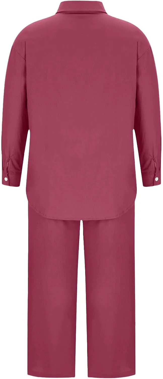 Women Spring Cotton Linen Long Sleeve Two Piece Sets Casual Button Down Shirts Loose Wide Leg Pant Loungewear Outfits