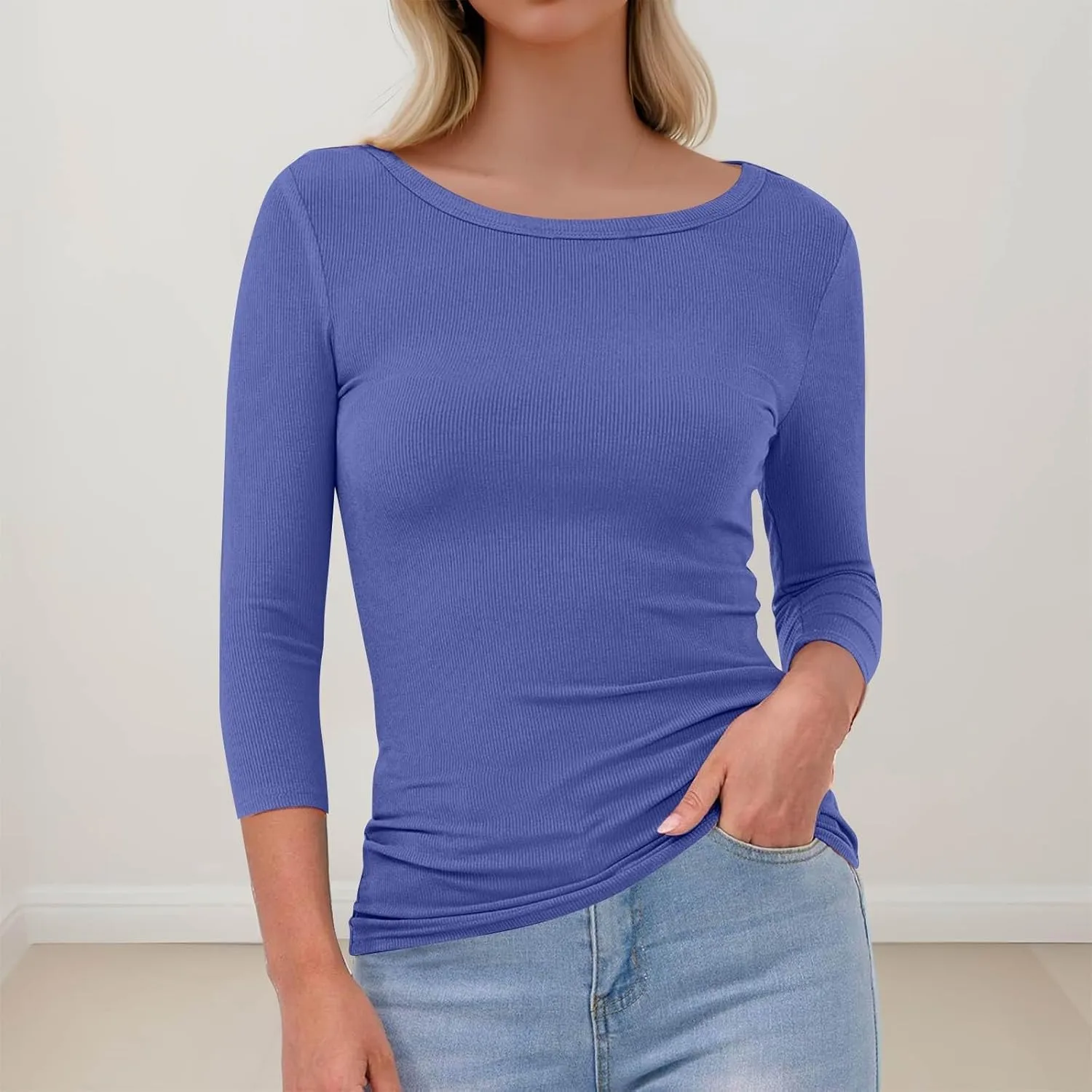 Women Tops 3/4 Sleeve Crewneck Ribbed Knit Work Tops Stretchy Summer Sexy T Shirts Lightweight Y2K Clothes (S-3Xl)