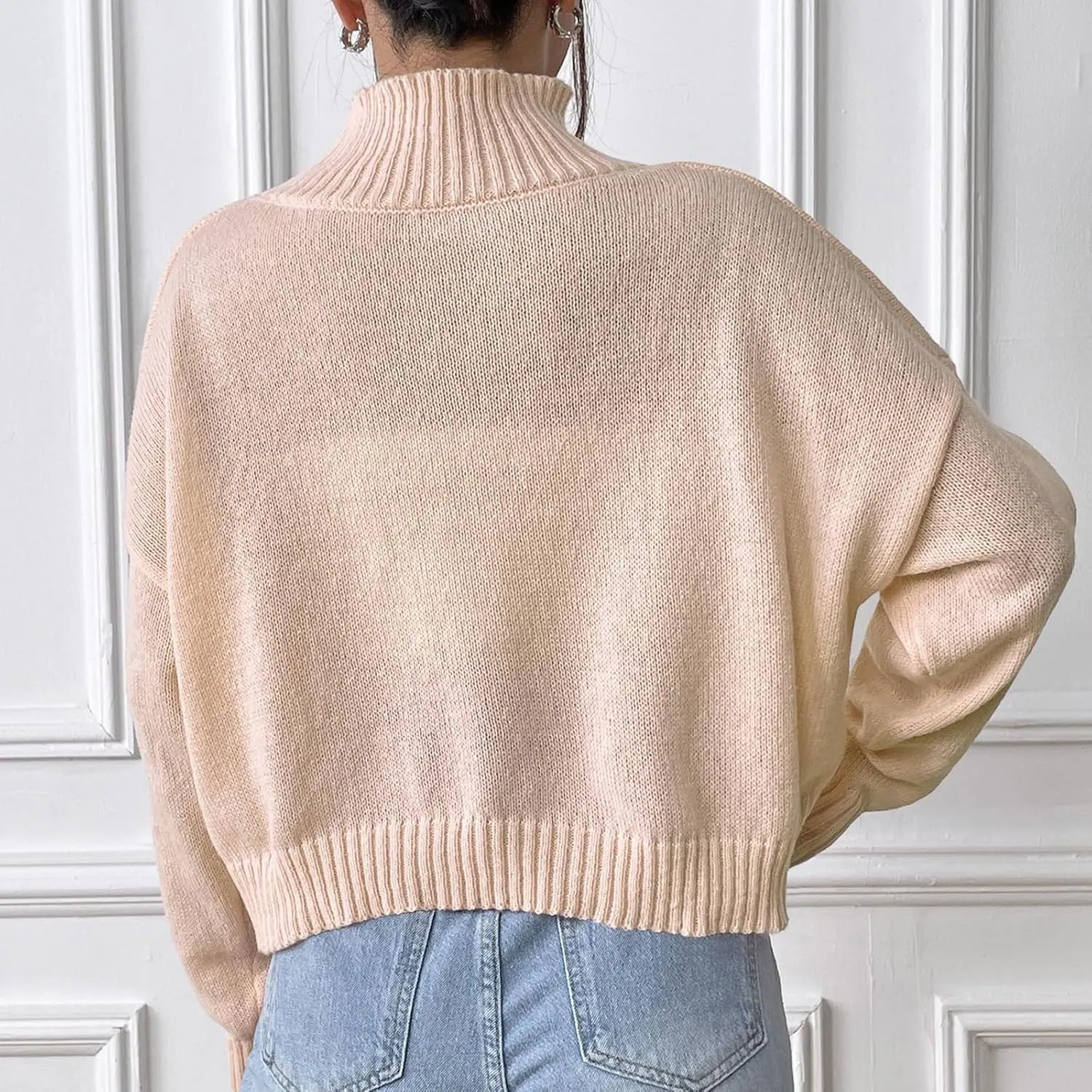 Women's 2024 Fall Turtleneck Batwing Long Sleeve Pullover Sweater Ribbed Knit Casual Soft Oversized Jumper Tops
