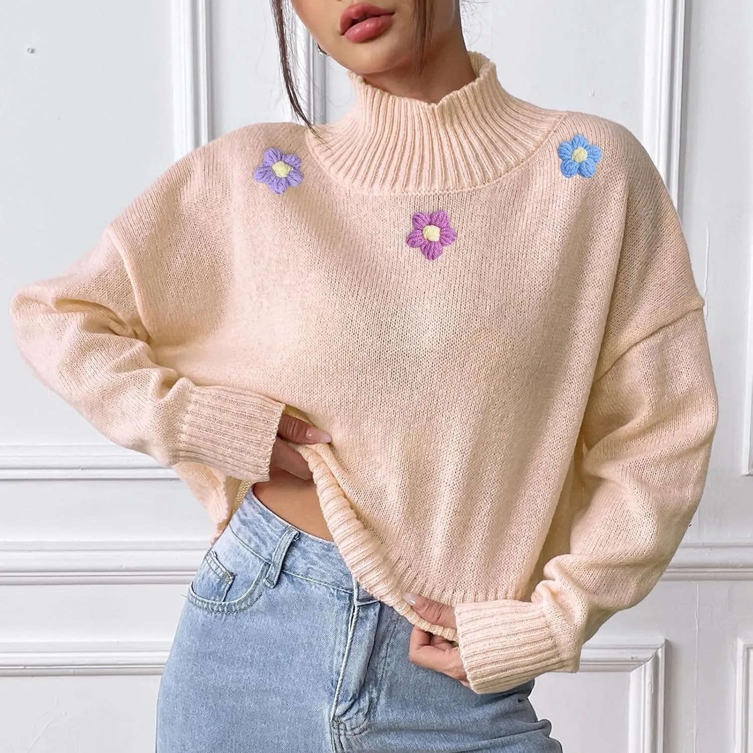 Women's 2024 Fall Turtleneck Batwing Long Sleeve Pullover Sweater Ribbed Knit Casual Soft Oversized Jumper Tops