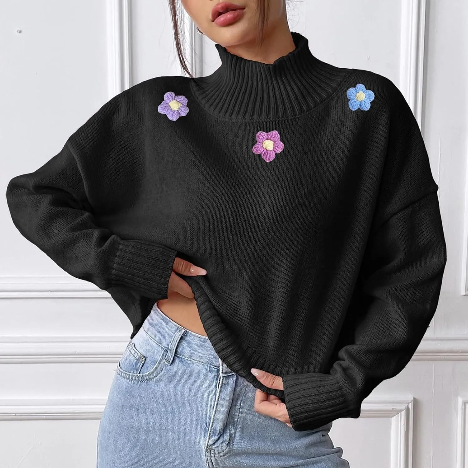 Women's 2024 Fall Turtleneck Batwing Long Sleeve Pullover Sweater Ribbed Knit Casual Soft Oversized Jumper Tops