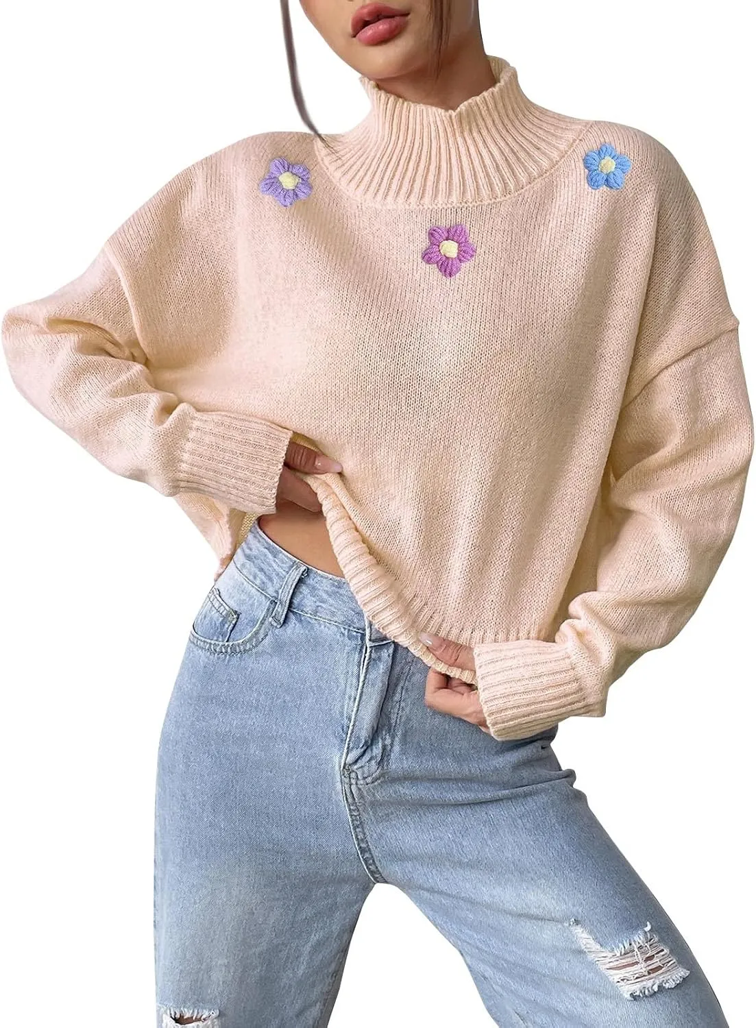 Women's 2024 Fall Turtleneck Batwing Long Sleeve Pullover Sweater Ribbed Knit Casual Soft Oversized Jumper Tops