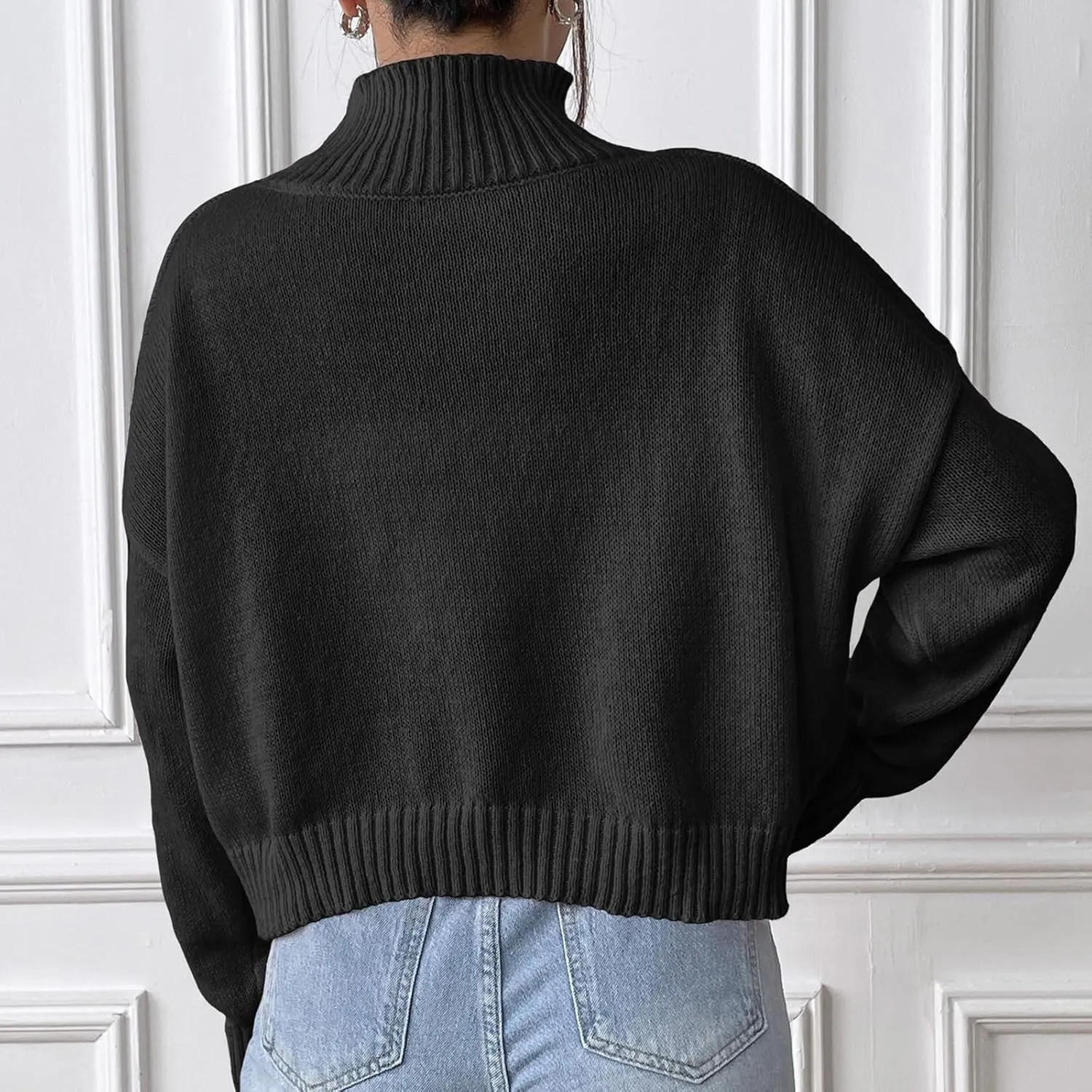 Women's 2024 Fall Turtleneck Batwing Long Sleeve Pullover Sweater Ribbed Knit Casual Soft Oversized Jumper Tops
