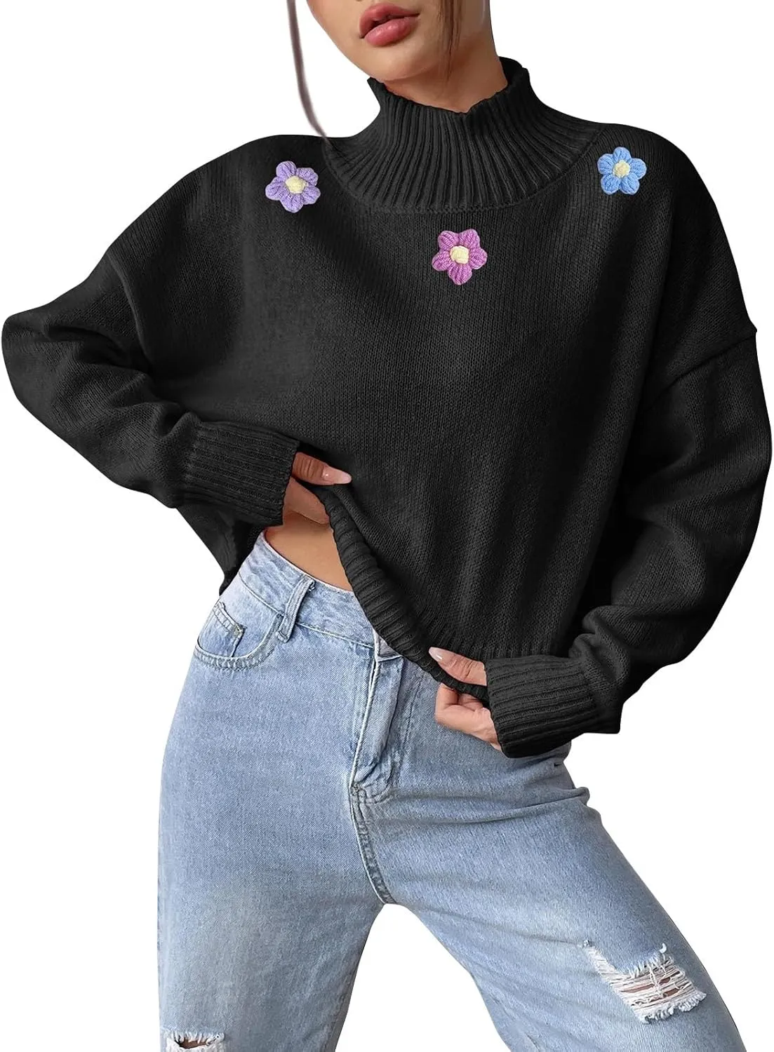 Women's 2024 Fall Turtleneck Batwing Long Sleeve Pullover Sweater Ribbed Knit Casual Soft Oversized Jumper Tops