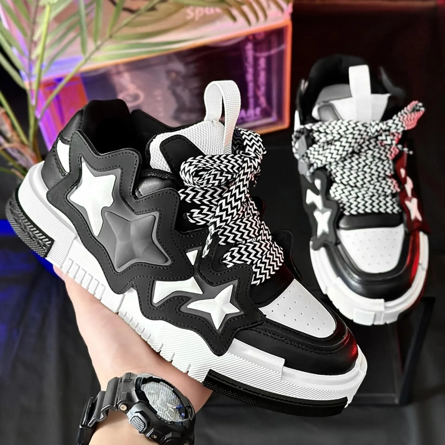 Womens 3D Star Stripes Chunky Sneakers, Y2K Streetwear Platform Shoes, Fashion Trend Skate Running Couple Matching
