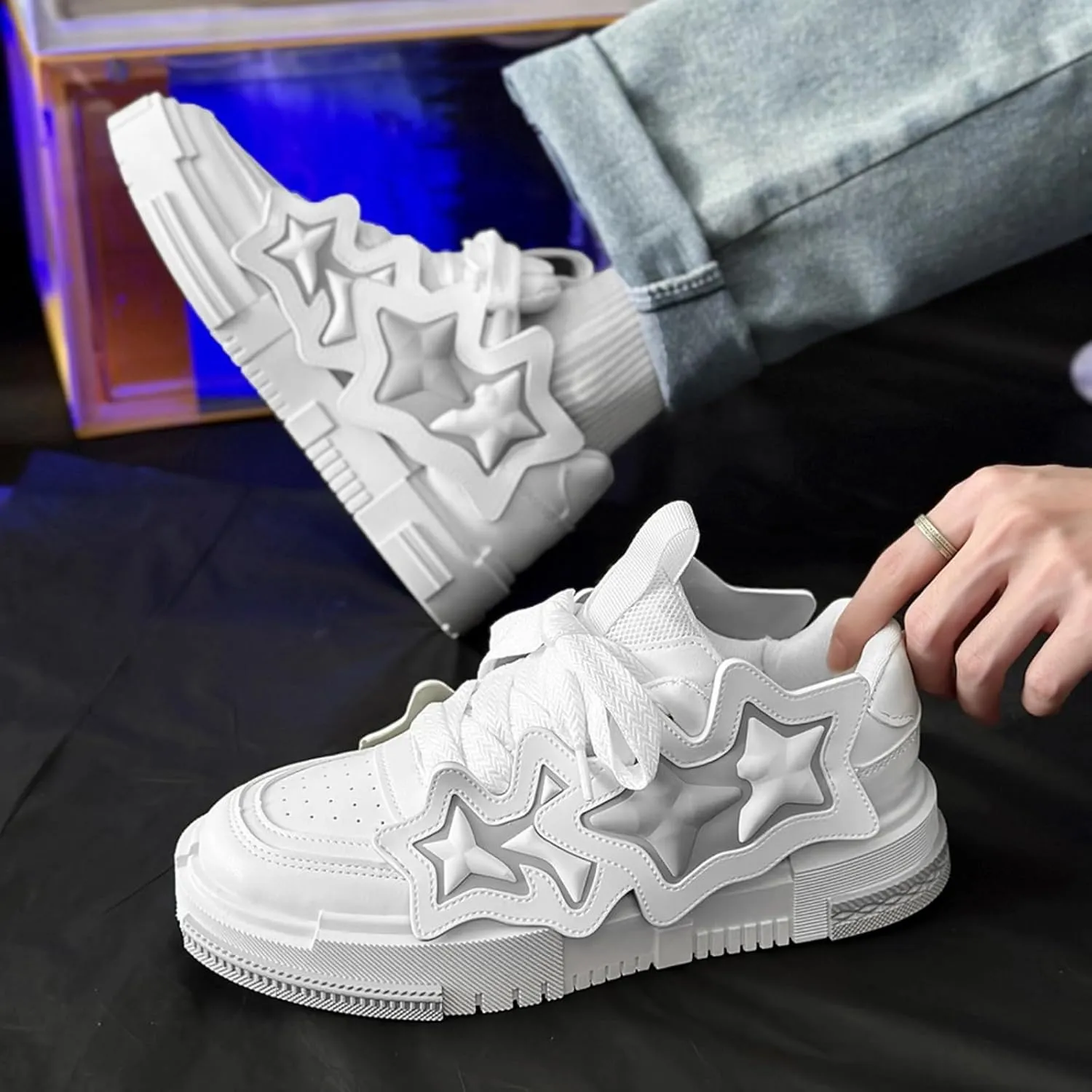 Women??s 3D Star Stripes Chunky Sneakers, Y2K Streetwear Platform Shoes, Fashion Trend Skate Running Couple Matching