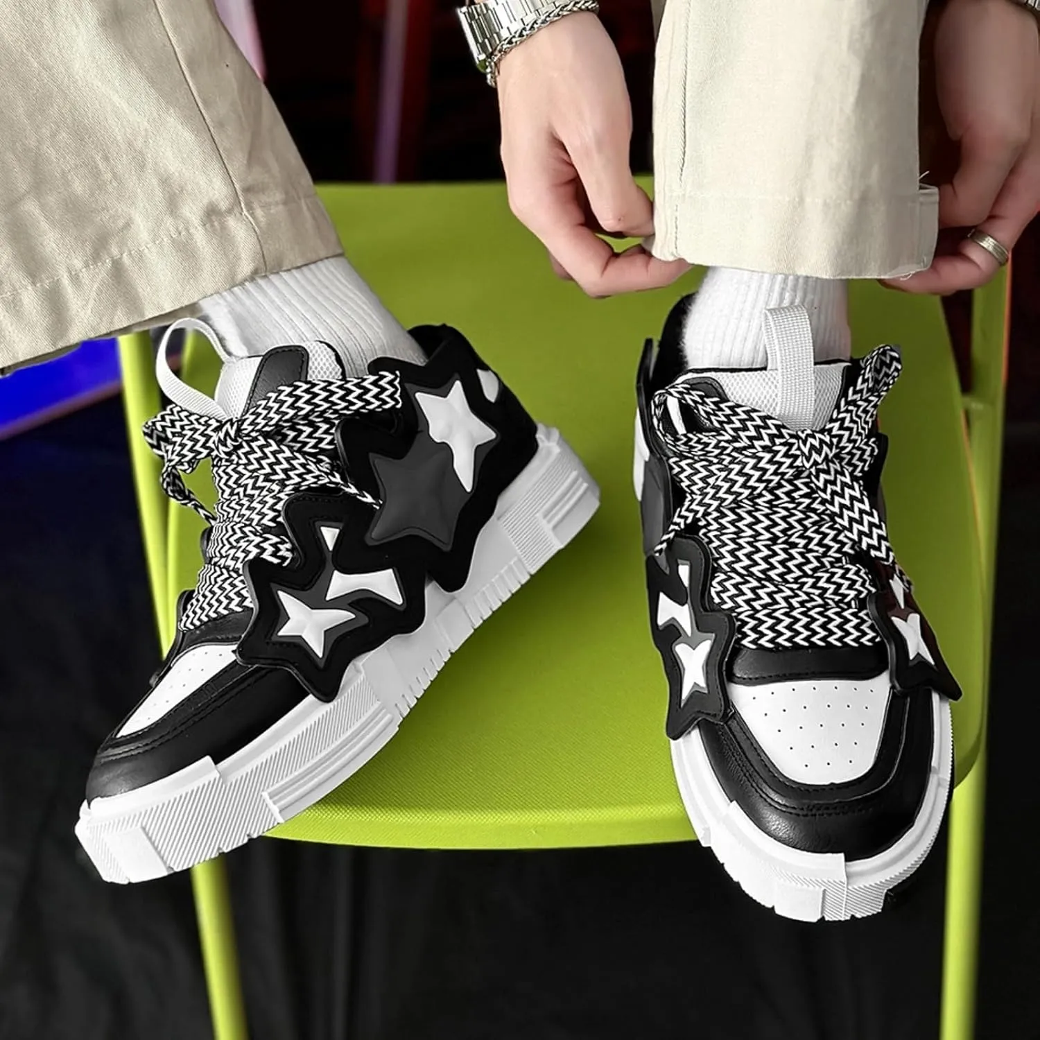 Womens 3D Star Stripes Chunky Sneakers, Y2K Streetwear Platform Shoes, Fashion Trend Skate Running Couple Matching