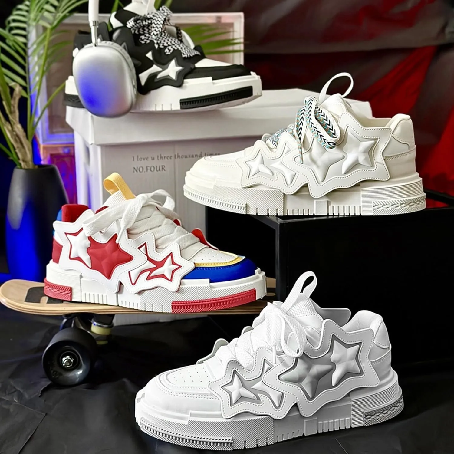 Womens 3D Star Stripes Chunky Sneakers, Y2K Streetwear Platform Shoes, Fashion Trend Skate Running Couple Matching