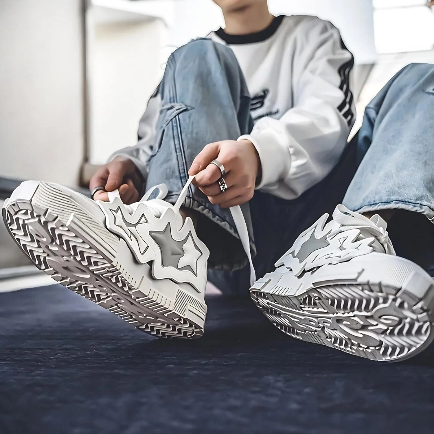 Women??s 3D Star Stripes Chunky Sneakers, Y2K Streetwear Platform Shoes, Fashion Trend Skate Running Couple Matching