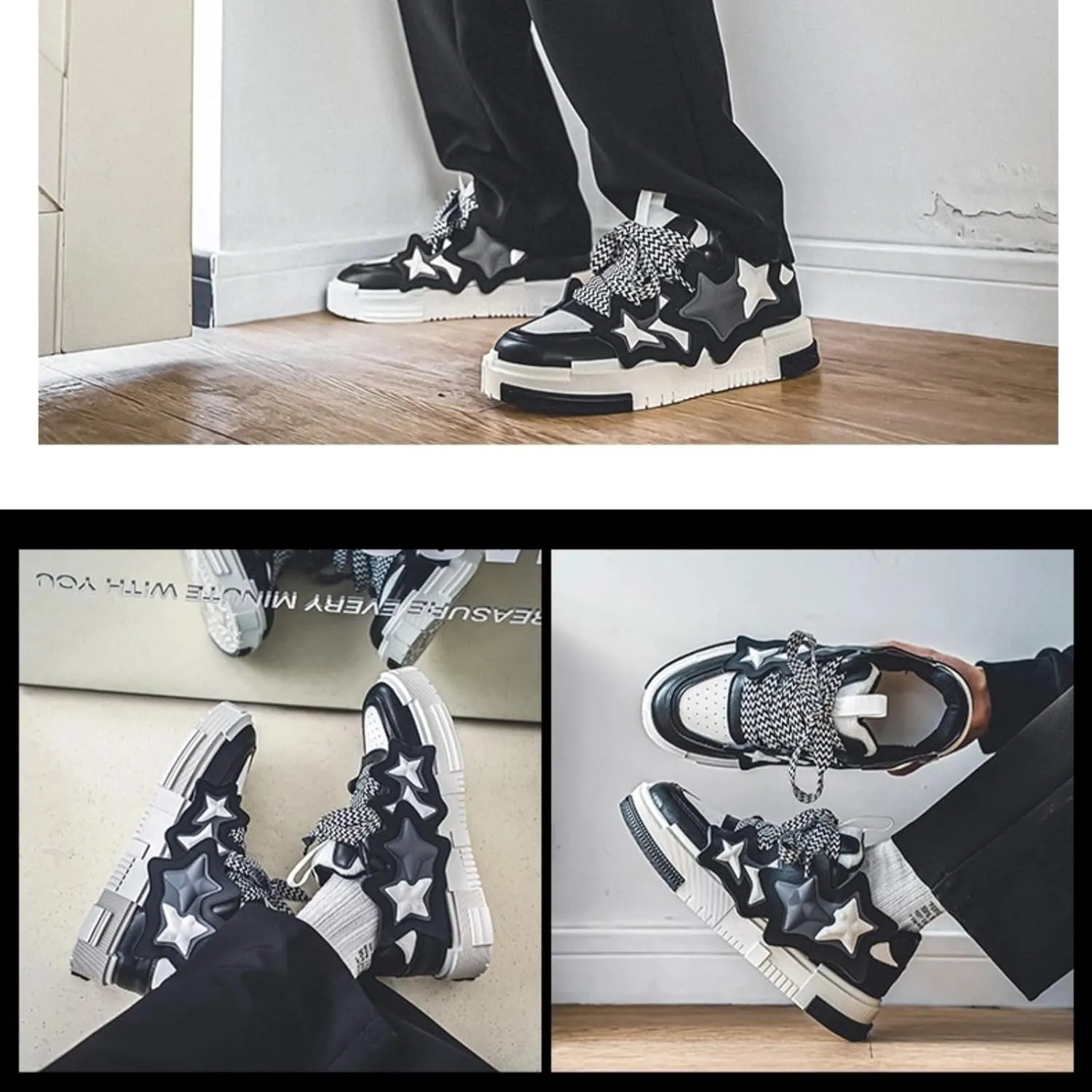 Womens 3D Star Stripes Chunky Sneakers, Y2K Streetwear Platform Shoes, Fashion Trend Skate Running Couple Matching