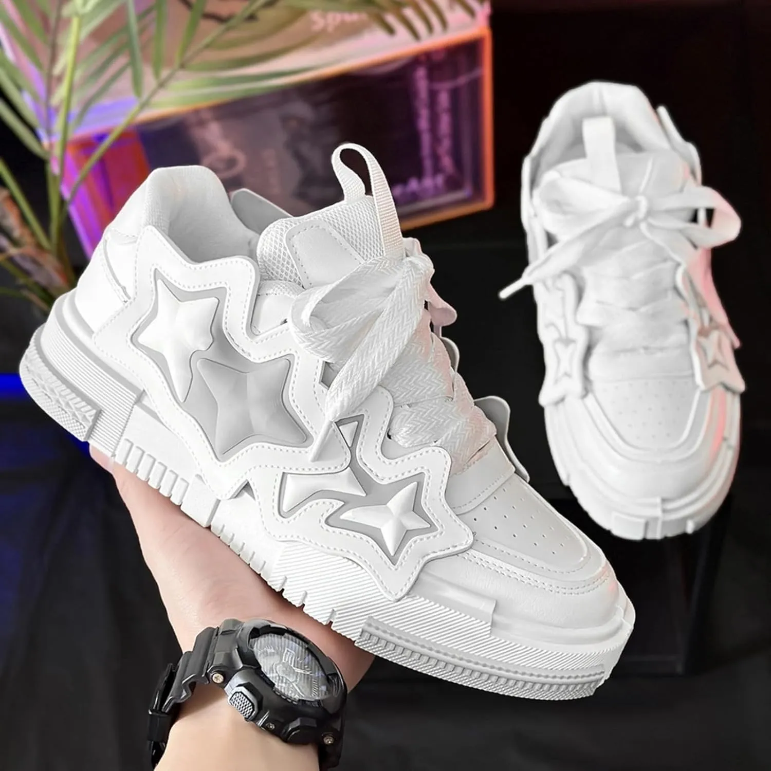 Women??s 3D Star Stripes Chunky Sneakers, Y2K Streetwear Platform Shoes, Fashion Trend Skate Running Couple Matching