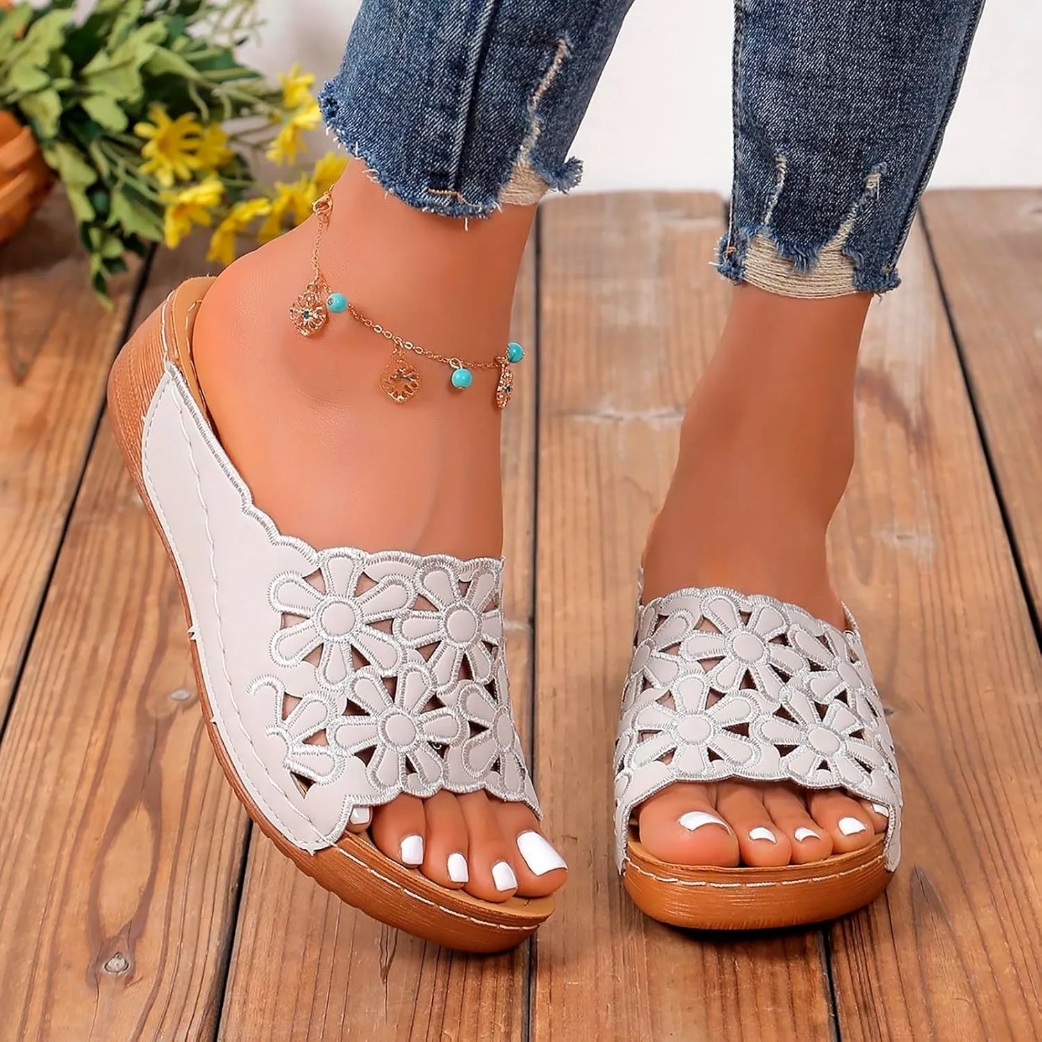 Women's Arch Support Platform Sandals Slip on Wedge Sandal with Elastic Orthopedic Sandals with Arch Support