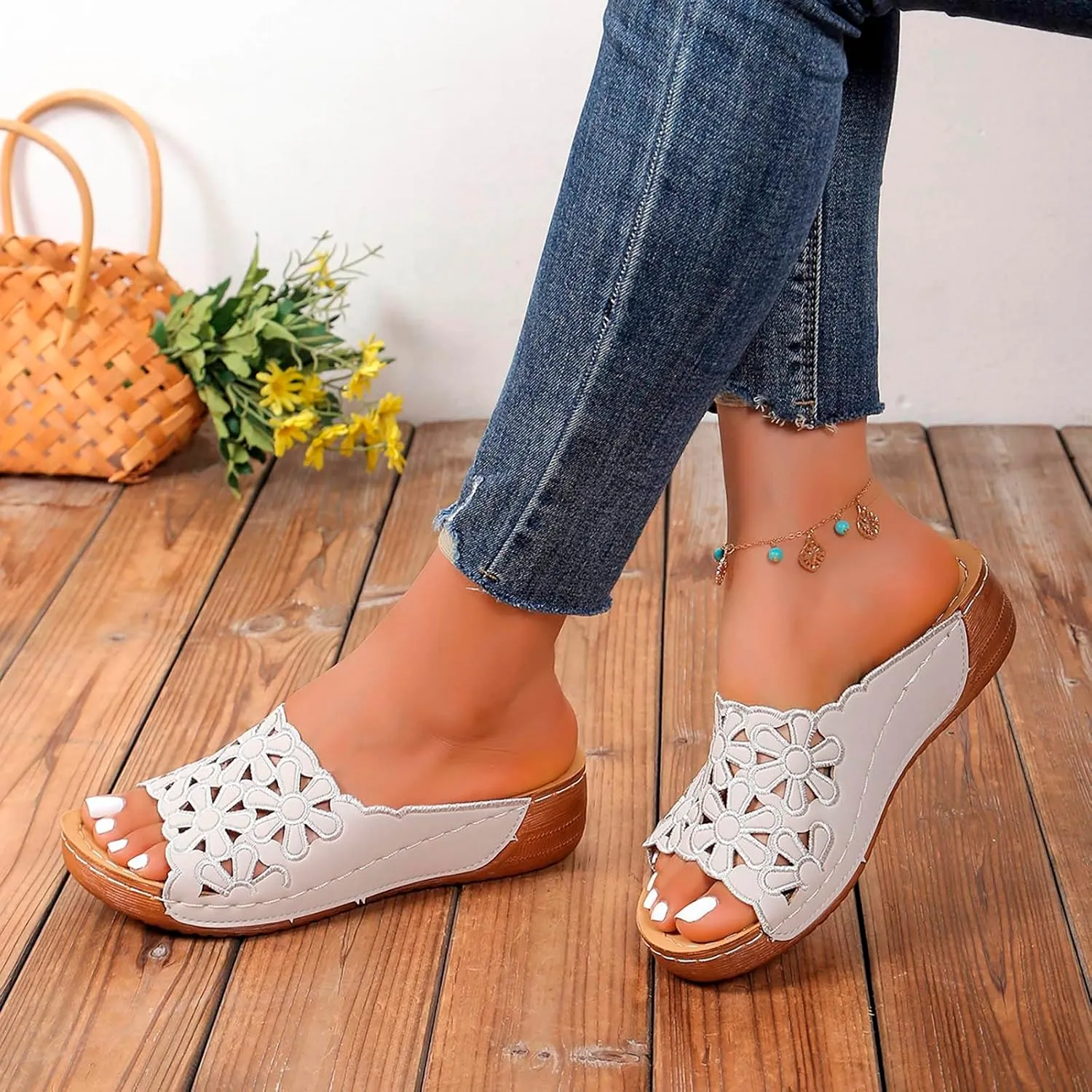 Women's Arch Support Platform Sandals Slip on Wedge Sandal with Elastic Orthopedic Sandals with Arch Support