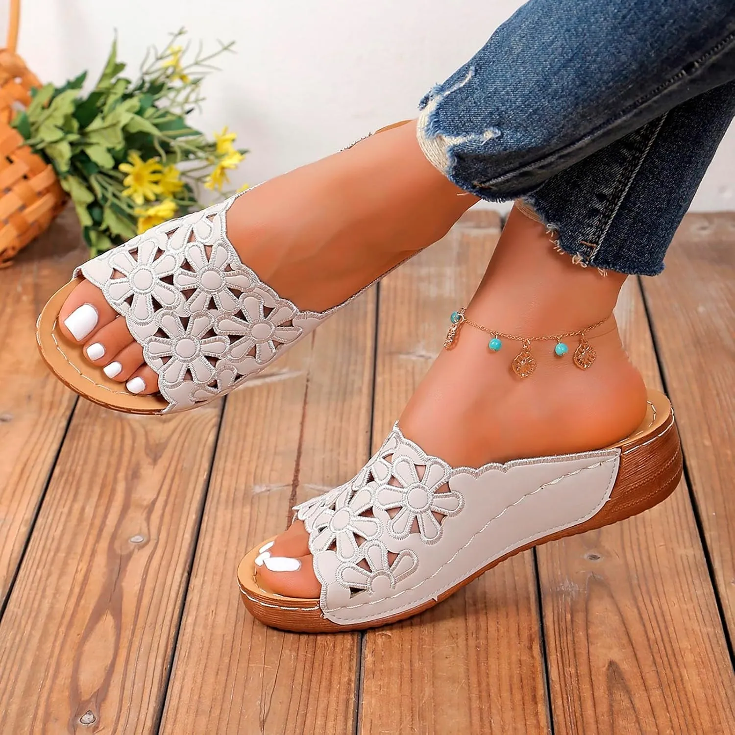 Women's Arch Support Platform Sandals Slip on Wedge Sandal with Elastic Orthopedic Sandals with Arch Support