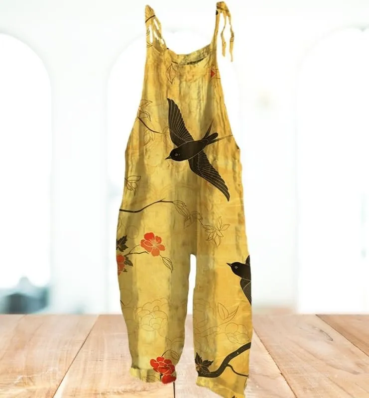 Womens Boho Floral Jumpsuits Cotton Linen Sleeveless Spaghetti Strap Baggy Romper Wide Leg Overalls with Pockets