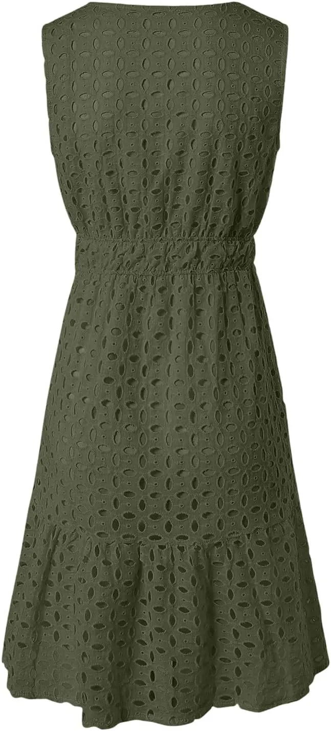 Womens Boho Summer Dresses 2025 Resort V Neck Short Sleeve Hollow Out Lace Ruffle Casual Beach Mini Vacation Dress