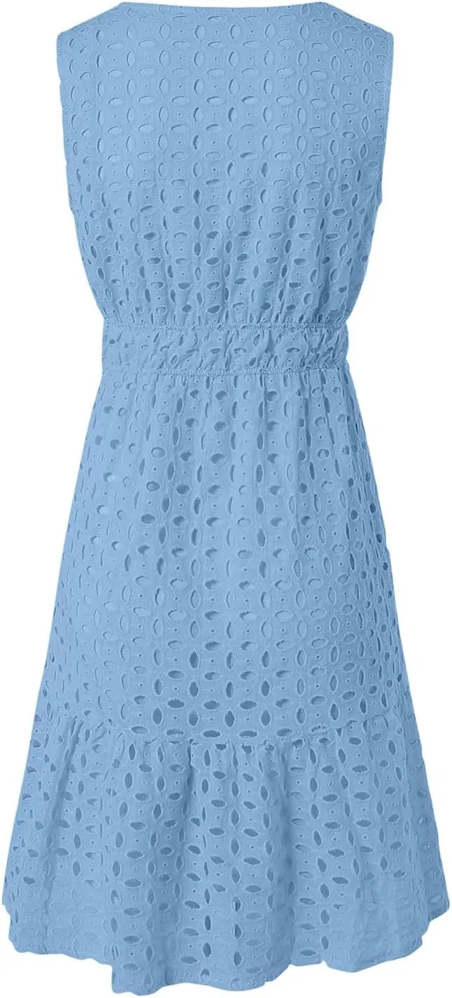 Womens Boho Summer Dresses 2025 Resort V Neck Short Sleeve Hollow Out Lace Ruffle Casual Beach Mini Vacation Dress