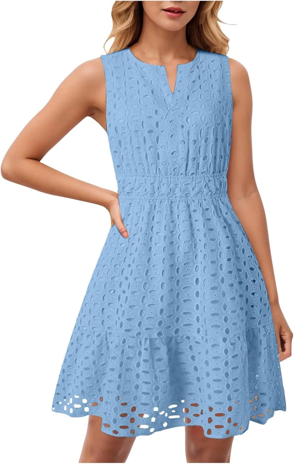 Womens Boho Summer Dresses 2025 Resort V Neck Short Sleeve Hollow Out Lace Ruffle Casual Beach Mini Vacation Dress