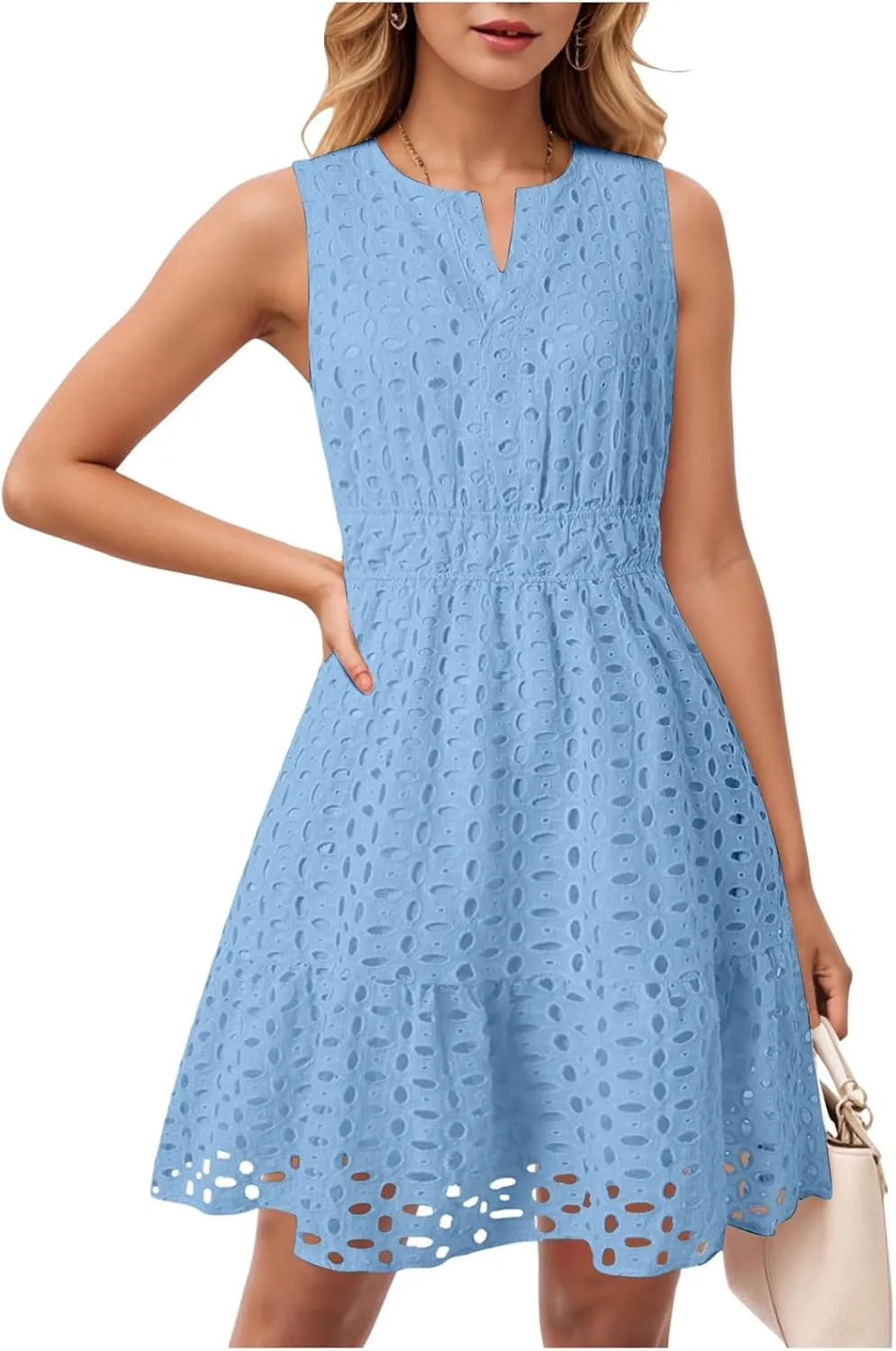 Womens Boho Summer Dresses 2025 Resort V Neck Short Sleeve Hollow Out Lace Ruffle Casual Beach Mini Vacation Dress