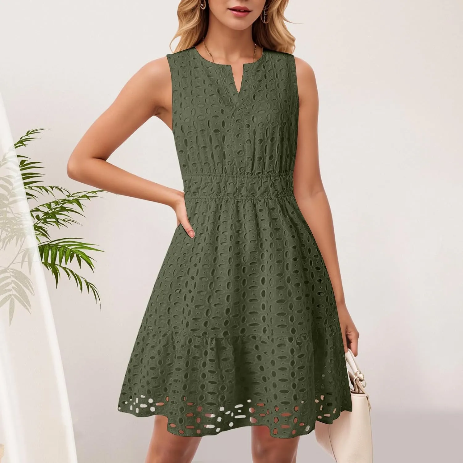 Womens Boho Summer Dresses 2025 Resort V Neck Short Sleeve Hollow Out Lace Ruffle Casual Beach Mini Vacation Dress