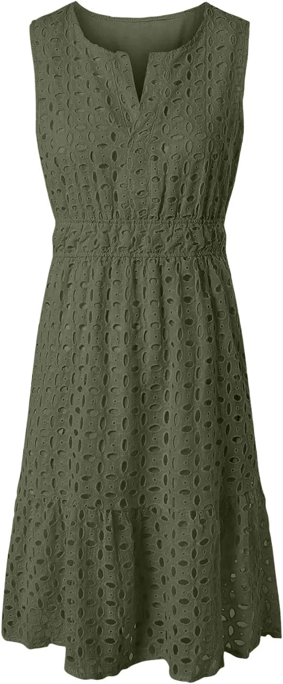 Womens Boho Summer Dresses 2025 Resort V Neck Short Sleeve Hollow Out Lace Ruffle Casual Beach Mini Vacation Dress