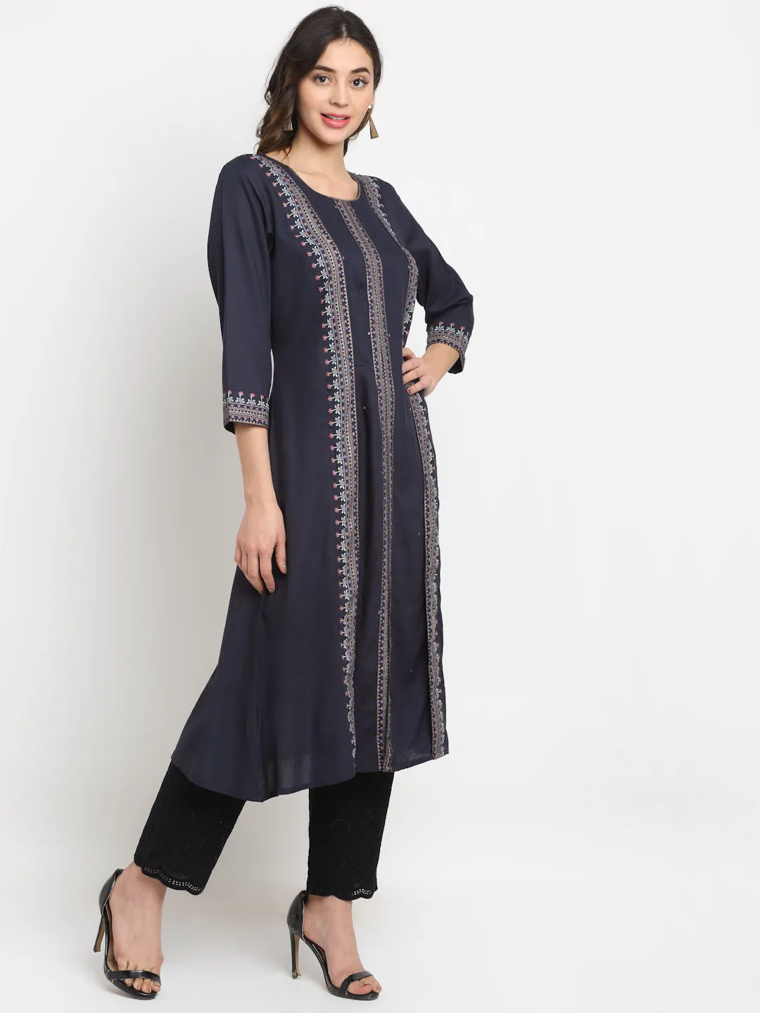 Women's Casual Round Neck Navy Blue Printed Calf length Kurti