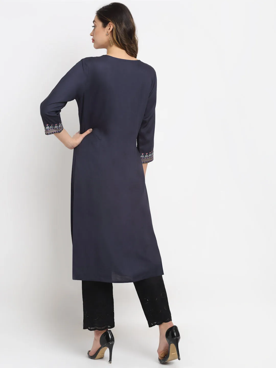 Women's Casual Round Neck Navy Blue Printed Calf length Kurti