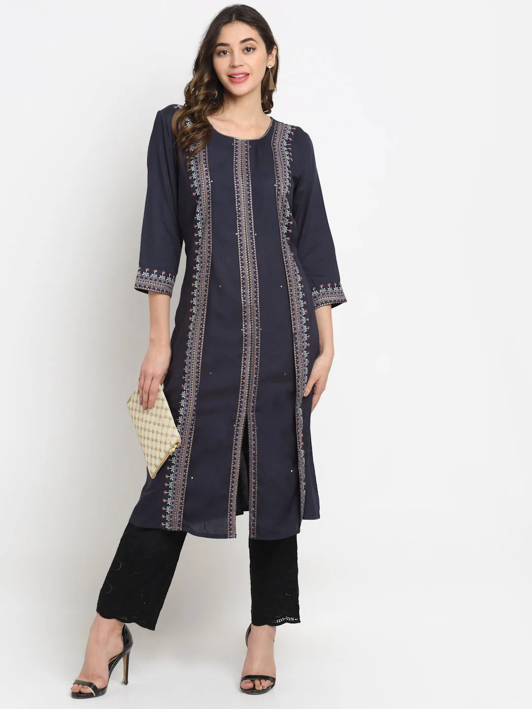 Women's Casual Round Neck Navy Blue Printed Calf length Kurti