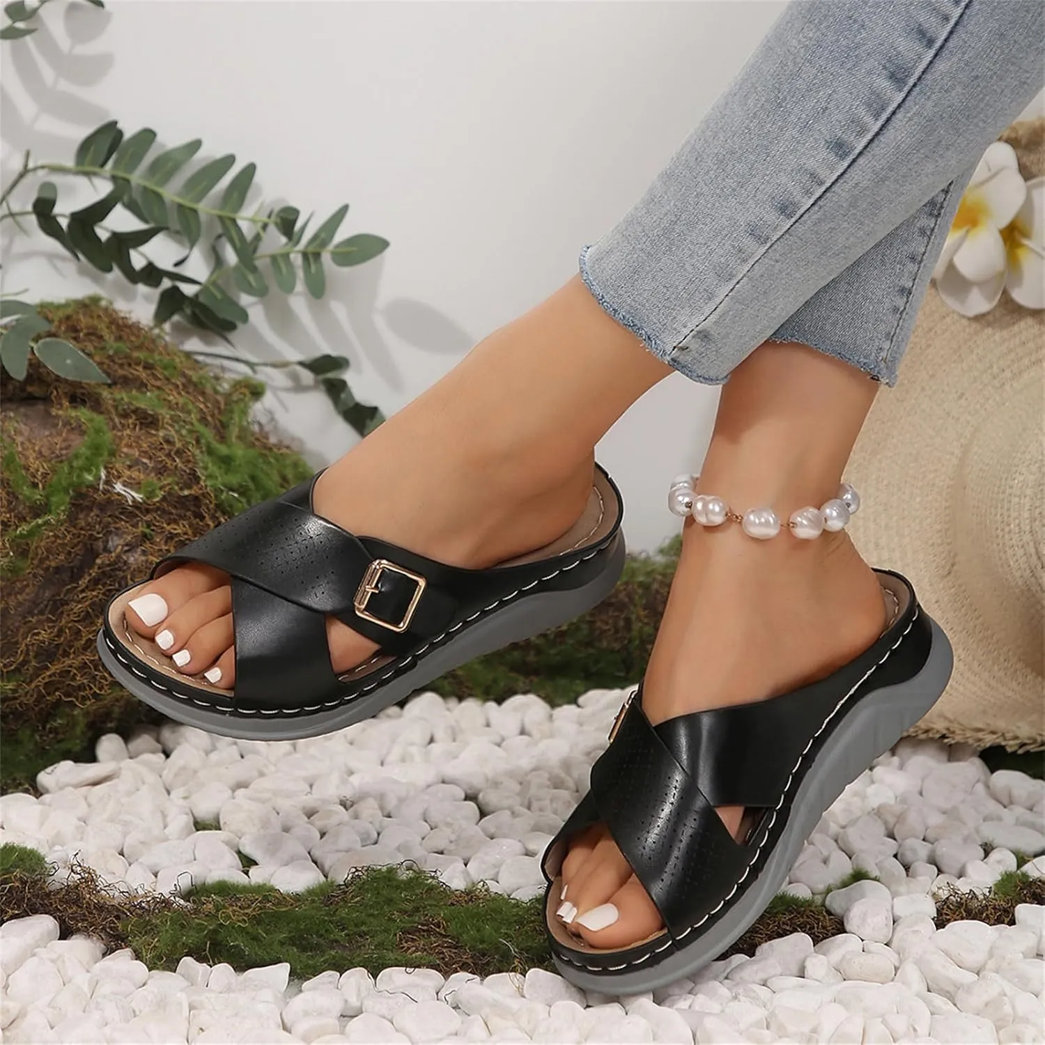 Women's Casual Summer Hollow Out Platform Wedge Sandals Slip On Orthopedic Sandals Walking Shoes