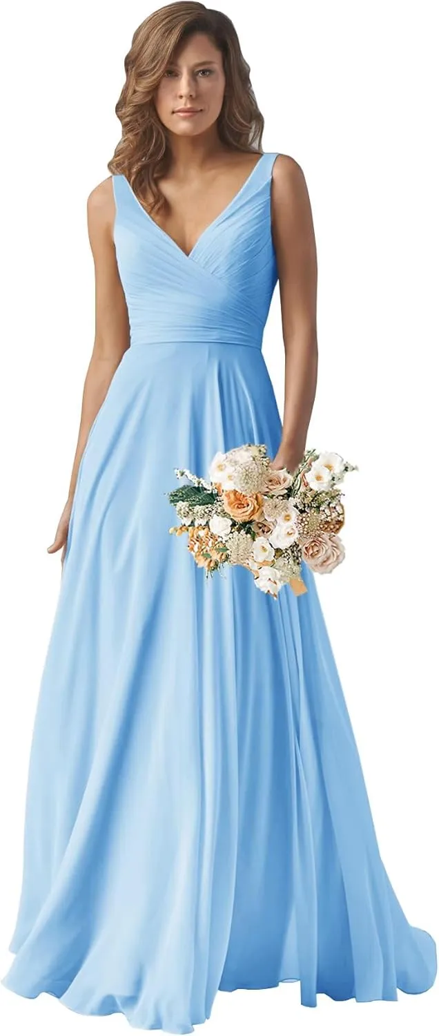 Women's Chiffon Bridesmaid Dresses Long A Line Formal Evening Gown with Pockets MK28