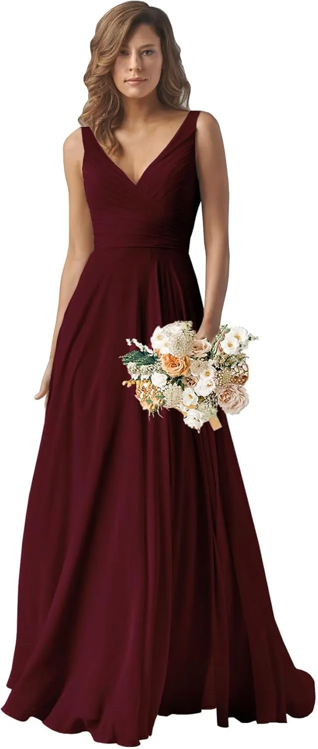 Women's Chiffon Bridesmaid Dresses Long A Line Formal Evening Gown with Pockets MK28