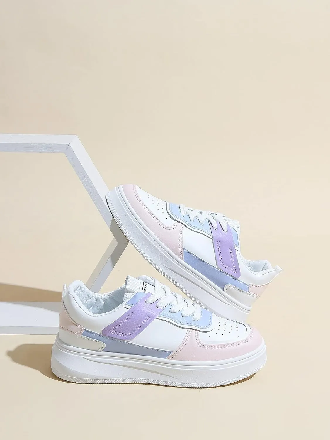 Women's Colorblock Lace Up Front Skater Round Toe Shoes Casual Sneakers